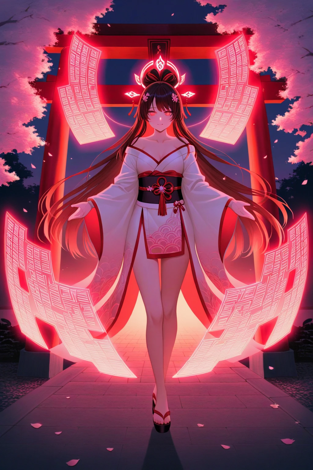 Two dimensions,See the world from first person perspective,Adult woman with very good figure and big breasts,Standing in the sky flashing with red lightning,Put on a very sacred pose,red eyes,long black hair,头发整体比较凌乱并且long black hair上还有几段红色的长发,She was wearing a revealing black and red dress and trench coat,And there is a red halo behind her body。