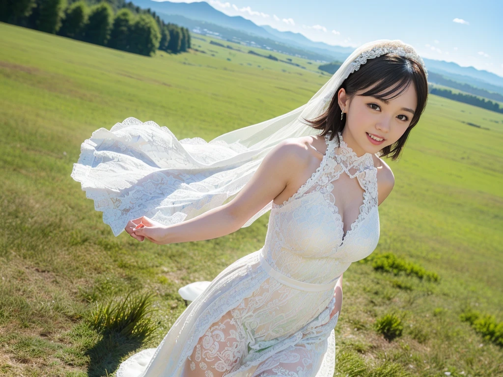 look up, 8K, masterpiece, Most detailed, Highest quality,, create a sense of fit, Cute Girls,Side Tail, (Wet),Sun light,((wedding)),pubic hair,Veil,(((bride))),((show off)),(ふっくらとしたNipples),Ecstatic expression,Outdoor,White lace,Nipples,Ample breasts,Saggy breasts,Hime cut,One female,Stick your butt out,Front lighting,NSFW,Spread your legs