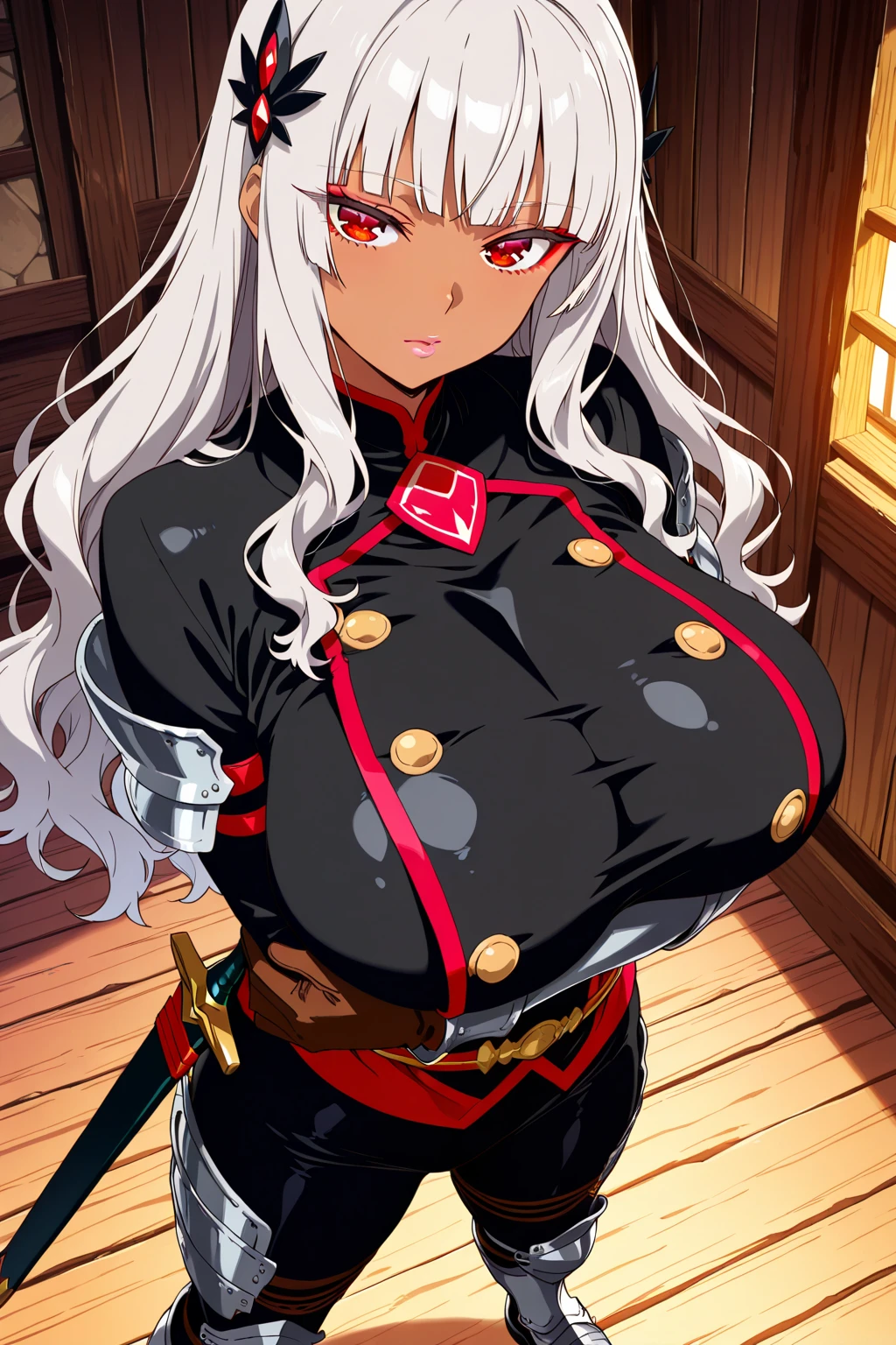 -Anime style- -High quality- -artwork- A beautiful woman, long white hair, bright blue eyes, red horns, tall body or build, with normal ears, VERY giant breasts, butt giants, giant waist, dressed in dark clothes, big and heavy. armor, dark iron super big pants, looking at a stunning landscape of land, mountains and forests, surprised and very curious, happy smiling