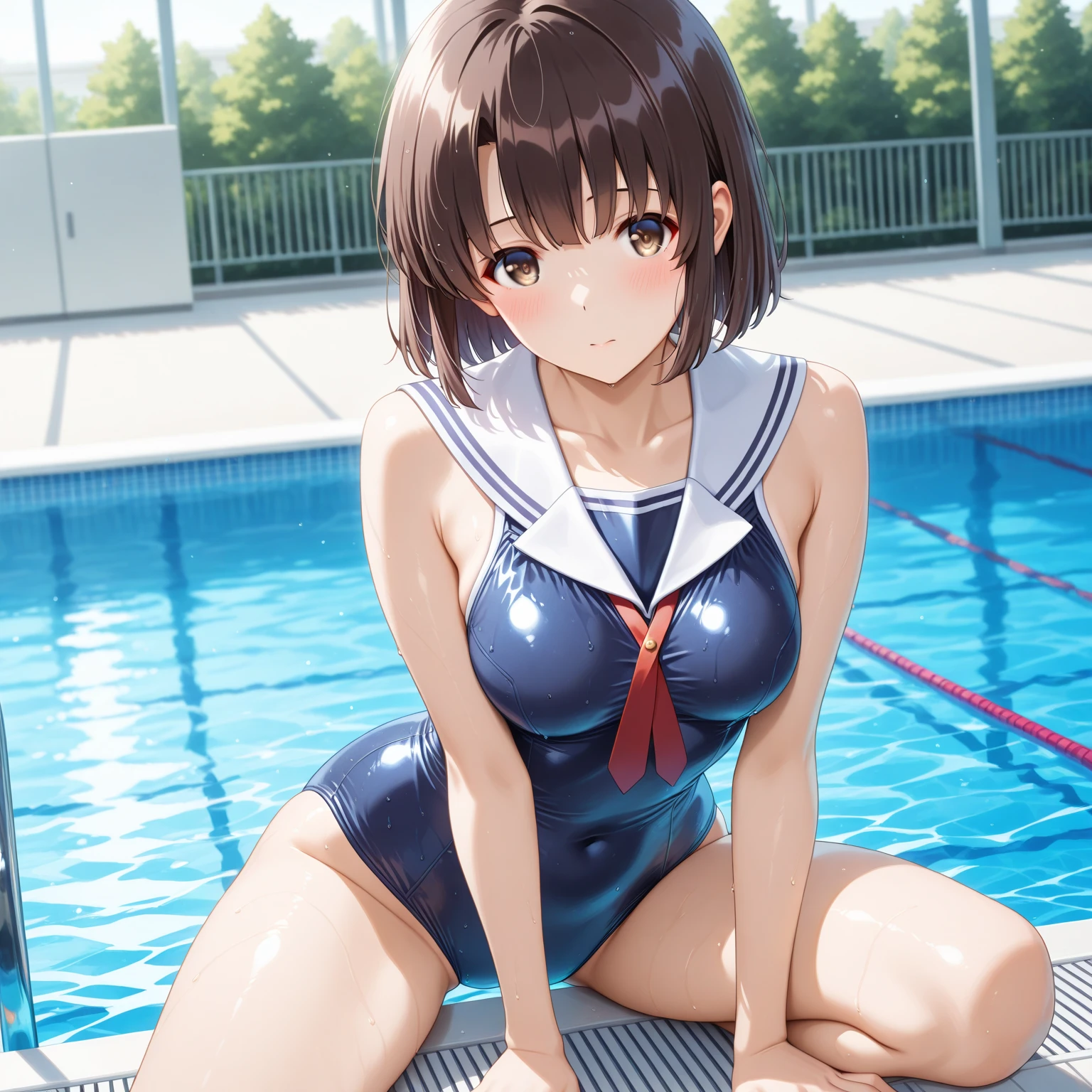 masterpiece, Highest quality, High resolution, Ichigoya, alone, Red neckerchief, , Super large ,pubic hair、Nipples、Areola、Thighs、Navy knee-high socks、High resolution,School、Outdoor swimming pool、summer、Dazzling sunlight、