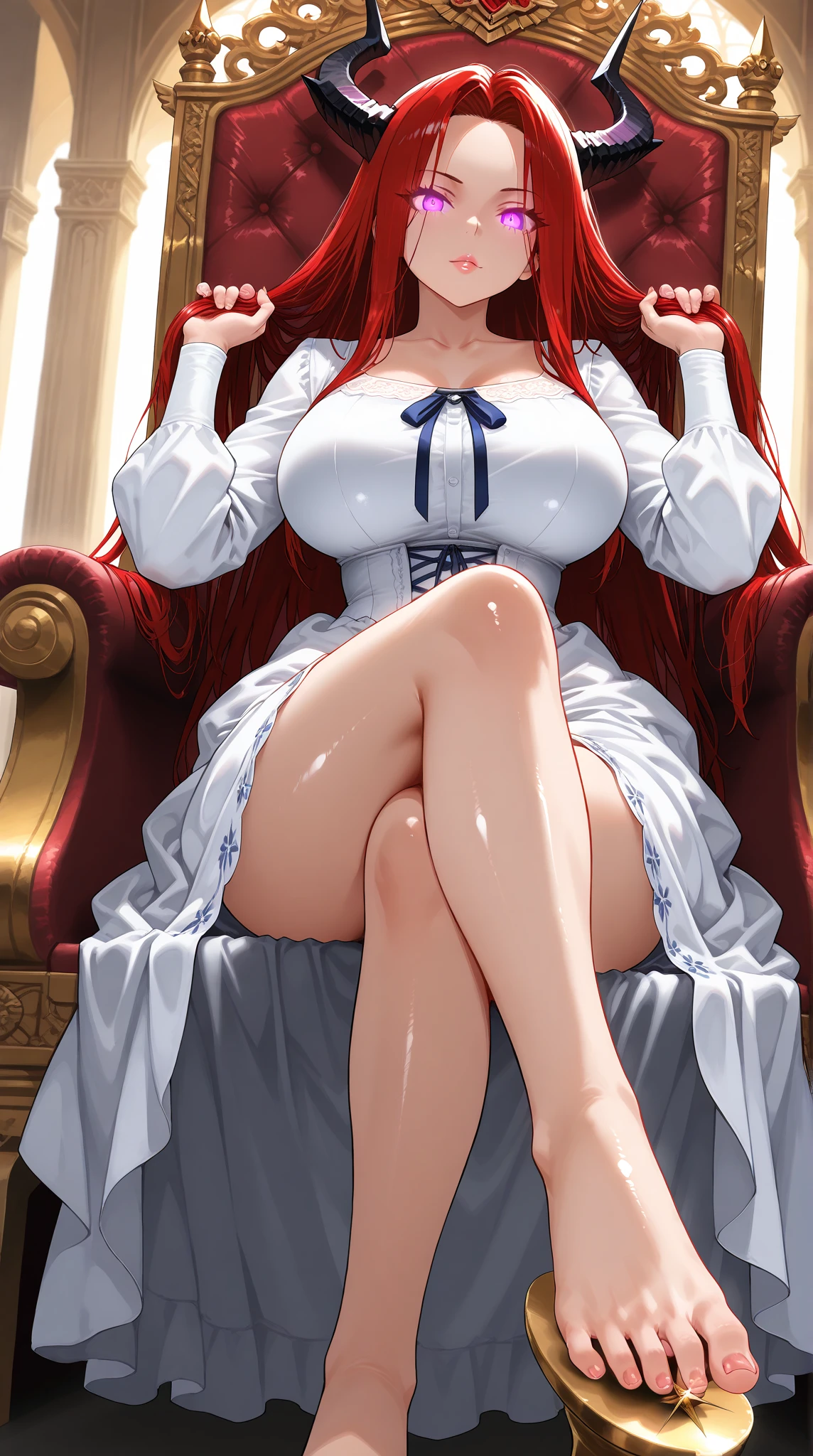 ((1girl, solo)), beautiful body, (perfect anatomy, perfect body, perfect hands, perfect legs), (five fingers:1.5), natural proportions, sexy body, large breasts, crossed legs BREAK
((extremely detailed face)), (beautiful detailed eyes:1.6), (realistic pupils, realistic iris:1), expressive eyes, looking at viewer, (clear eyes:1.3), (hyperrealistic:1.2), (detailed skin texture:1.2), smooth skin, (red hair:1.5), violet eyes, long hair, (detailed lips:1.2), (attractive lips:1.1), (glossy lips:1.1), perfect face, perfect eyes BREAK
crop top, cropped shirt, crop top overhang, white panties BREAK
(masterpiece:1.5), anime-style, top quality, best quality, (beautiful and aesthetic:1.2), (ultra detail:1.5), Ultra-detailed depiction, Ultra-precise depiction, extremely detailed 8k illustration, high resolution, (highly detailed shading:1.2), (realistic lighting:1.4), perfect lighting, vibrant colors, dynamic tones, striking hues, 8k, absurd resolution, perfect shadows, hdr, UHD, ambient lighting, realistic, ultra-realistic, photo realistic, highly detailed, rich detail, luminous colors, fine texture, intricate design, professional illustration, (soft light:1.2), (illustration:0.7)