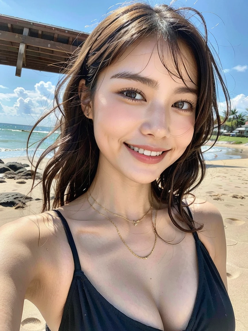 Japanese Beauty with Brown Hair taking a Selfie in High-quality Swimwear (1.5): (Japanese Beauty: 1.1), (Brown hair: 1.0), (Selfie: 1.0), (Swimwear: 1.2), Hyper-realistic, Detailed and Complex, (Photorealistic: 1.5), (Young Adult: 1.2), Close-up, Facial Focus, (Smiling Face: 0.9), (High Color Saturation: 1.1), (Sunglasses: 1.0), (Beach Background: 1.3