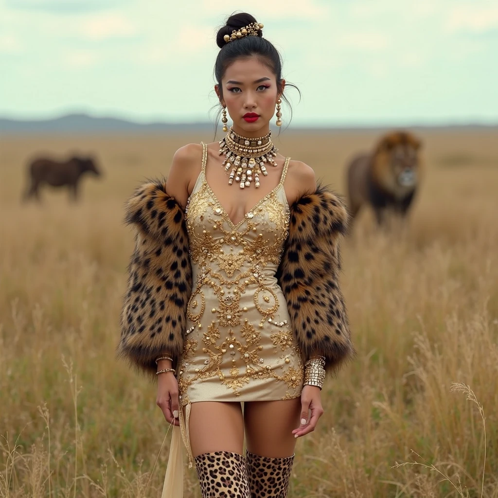 A stunning brown Indian girl embodies a half-human, half-tiger goddess from Hindu mythology, exuding godly elegance. She wears a fierce tiger-print outfit adorned with shimmering golden jewelry and intricate, crystallized Indian attire with layers and patterns. Her ensemble radiates fashionable jungle realness, with claws on her hands and feet. She poses fiercely in the mud with matching black latex boots, merging wild elements with opulent design.