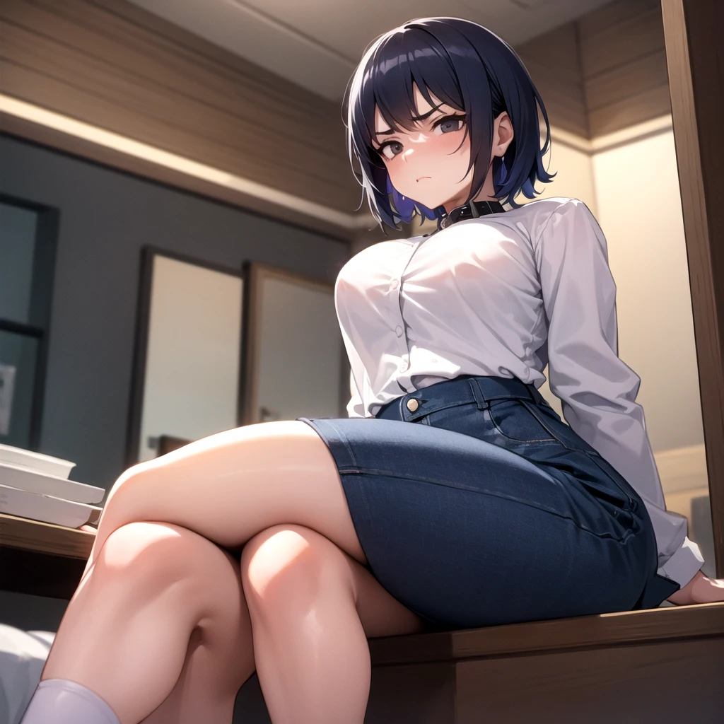 Crotch close-up、One Girl, alone, ((White shirt)), Black knee socks, With pride, Cleavage,Black panties,Show off your panties to your audience,Spread your legs wide,脚をSpread your legs,I can see your pants,Spread your legs and show me your panties,Her shirt was turned up、Bra is visible,Spread your legs,Black bra,Big Ass,Big Breasts,Low Angle,Chair下からのアングル, Cowboy Shot,uniform, officeの背景, Black Skirt, Pleated skirt, Very short skirt,pantyhose,office,E Cup, Look at the viewers, alone, Thighs ((masterpiece)), sit, Chair, desk work, Computer on the desk, Name tag, ID Tag, in house, blush, Sexy pose、Standing doggy style