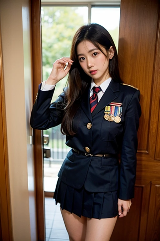Best Quality, Full body portrait, Delicate face, Beautiful face, Big eyes: 1.1, makeup: 1.2, 25 years old female, Slim body, Small bust, OL Uniform, Women's White Collar Uniform, Office Uniform, Black stockings, Outdoor Scene, Standing, Long hair, nakeness, nakeness, nakeness