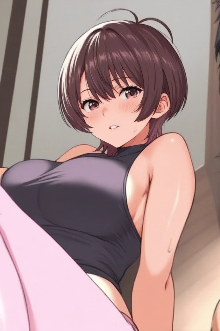 Pink cheeks with embarrassment Nice cleavage legs open tight wet panties dripping sexual fluid visible nipples