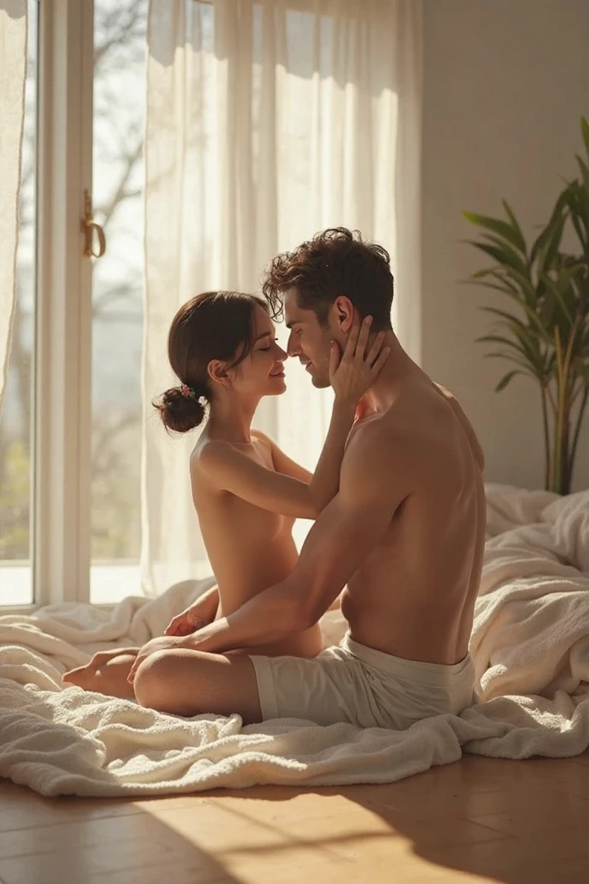 Chestnut woman, pregnant, very beautiful, the body was wrapped in a white sheet, in front of her boyfriend who is serious and shirtless. he very attractive. They are in a room. she sad