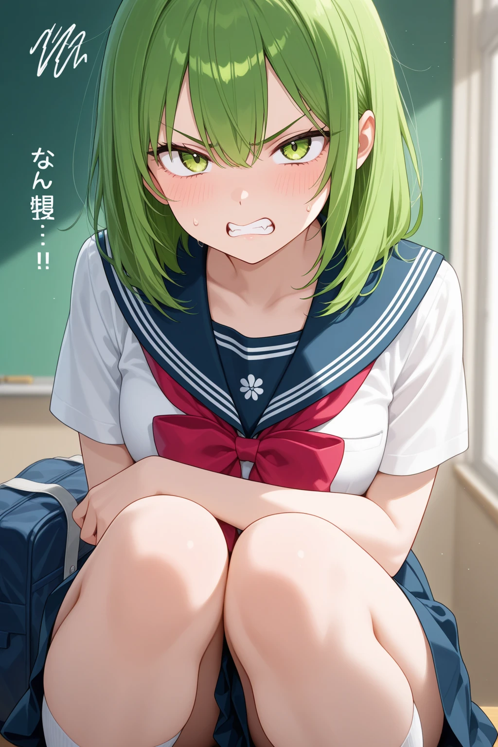 1 girl, cute, young, green hair, bob haircut, green eyes, , pleated skirt, thigh high, excessive cum, bukkake,