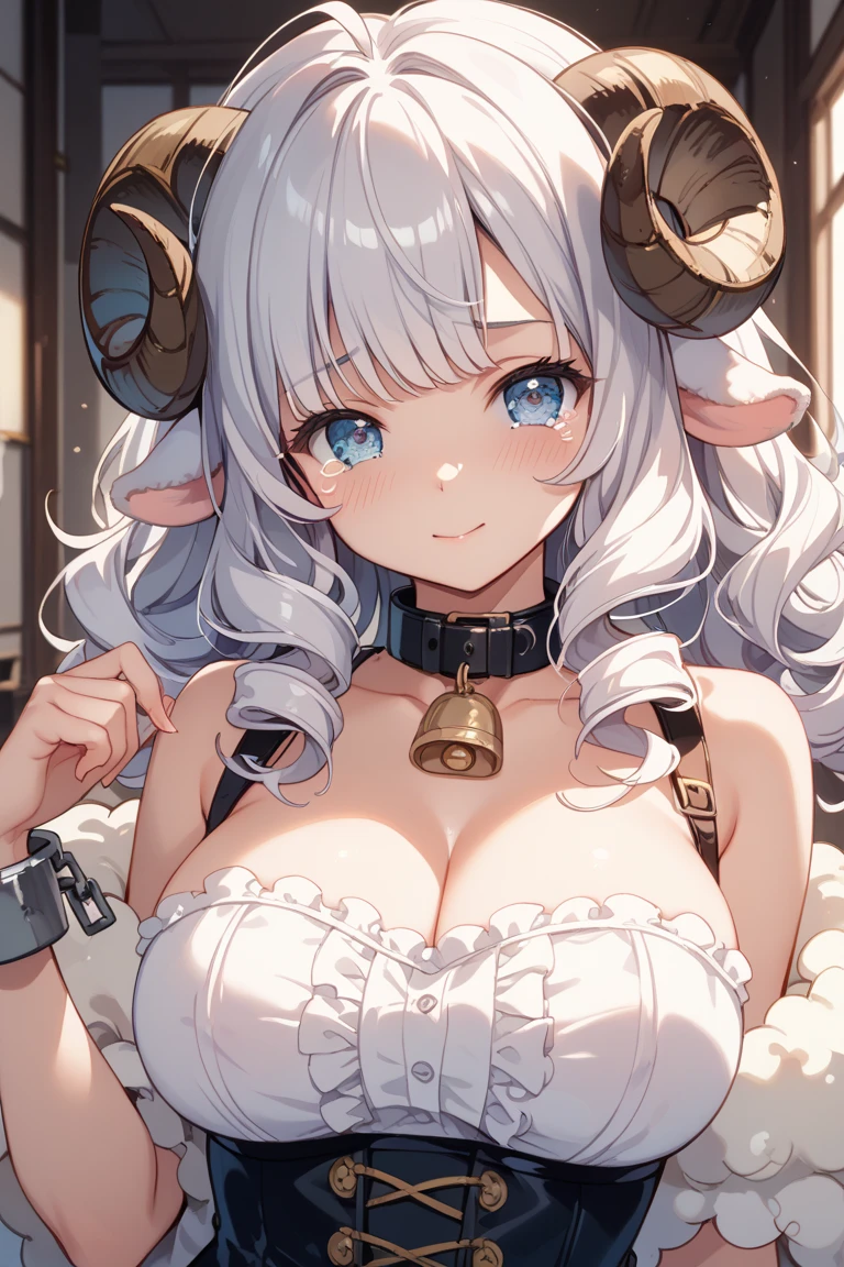(((1 woman))), ((detailed blue eyes)), ((long silver hair)), large breasts, perfectly drawn body, narmaya, seductive smile, white nightgown, best quality, masterpiece, ultra-detailed
