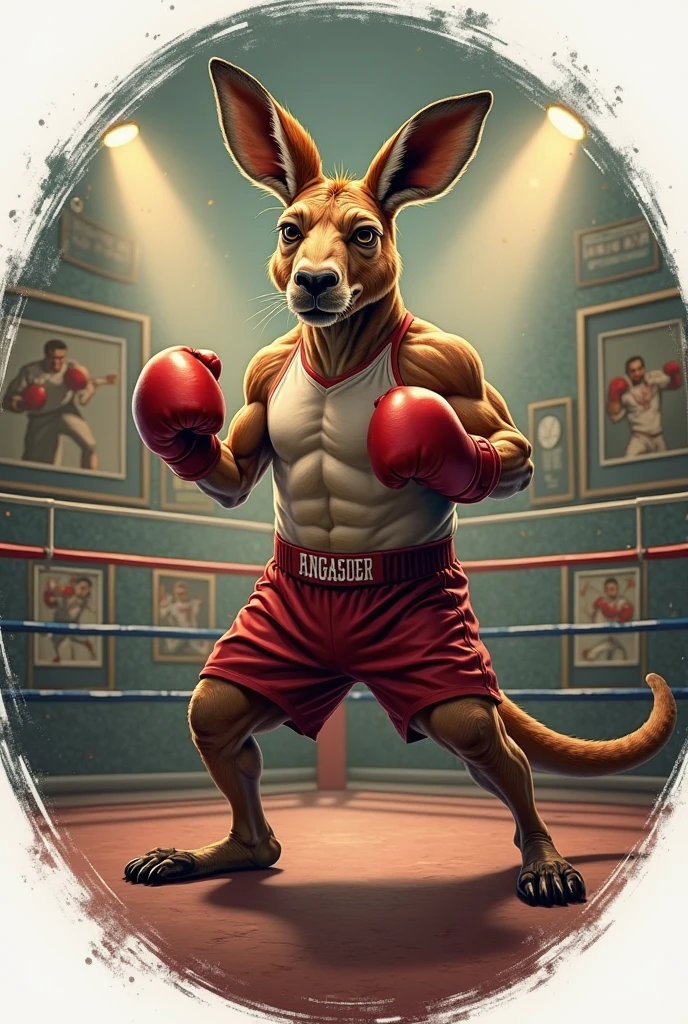 Very skinny dog boxing in red gloves and red shorts