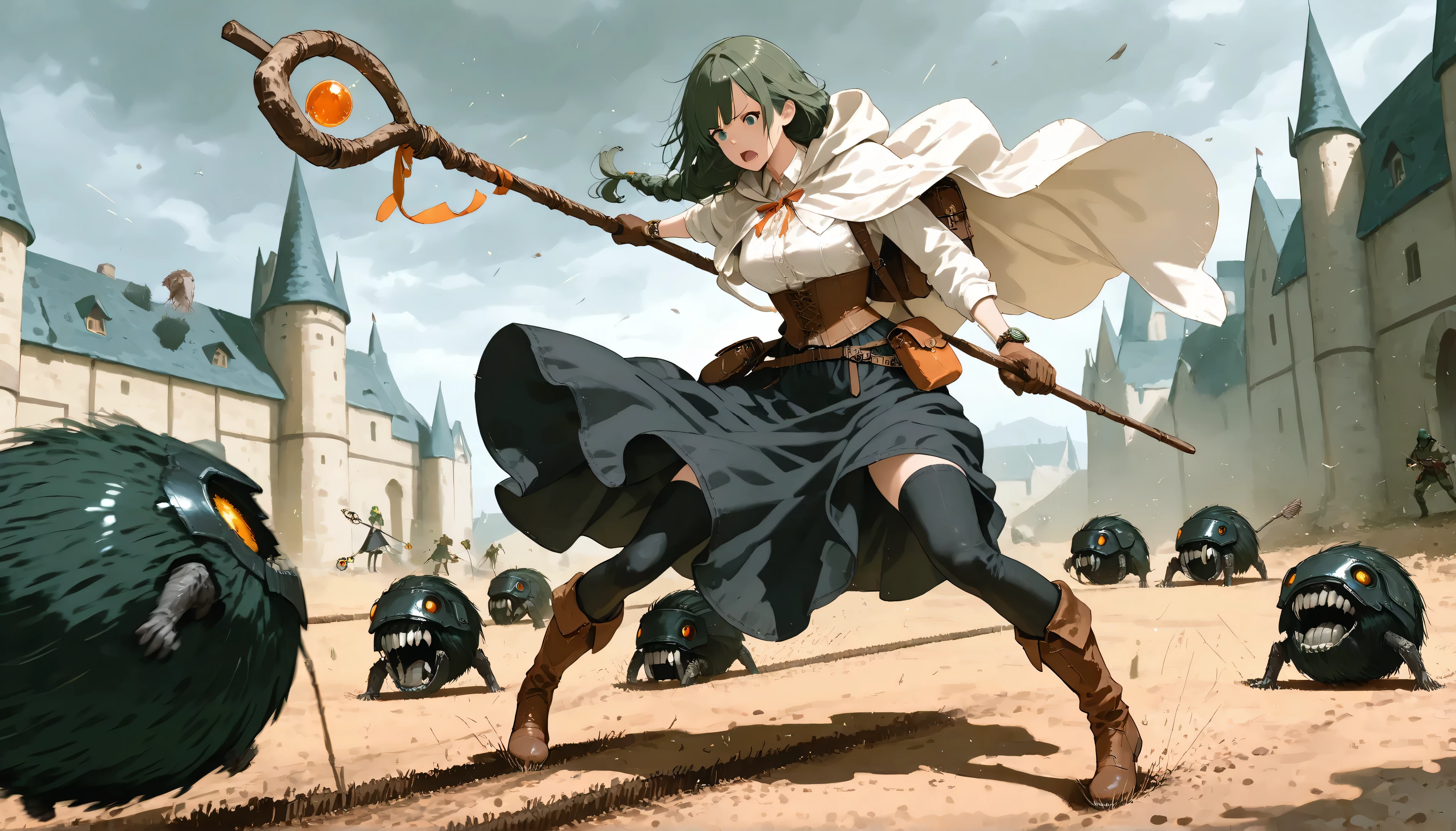 Masterpiece, 8k, fantasy world, female character, 1girl, high detailed cotton black dress shirt, (wind blows), silk long skirt, corset, glove, black thighhigh, boots, slender body, medium breasts, white long cloak with hoodie, one side braided long hairstyle, thin dark green hair, orange ribbon, many items, cinematic lighting, dramatic atmosphere, intricate details, vivid colors, fantasy landscape, medieval castle town, digital art, holding a long magic staff, watch on waist, back pack, hip bag, Thunder attack magic, pigeon toed, looking at enemy, open mouth, midday, (She dances with her staff, mowing down enemy soldiers one after another:1.3), battle scene, (dynamic action pose:1.2), spread legs,