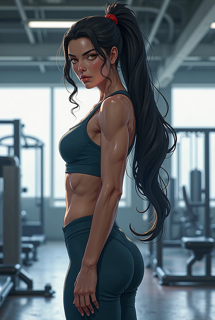 nsfw, highly detailed, realistic, hyperrealistic, full definition, high resolution, studio lighting, full body image, full body frame, zoomed out, full body frame, beautiful, sexy, hot, perfect, muscular, woman, wet hair, slim thicc and perfect body, accentuated curves, femininity, thick and juicy lips, dripping wet body, running shoes, tight, body hugging, tank top, yoga pants clevage, second skin, cool lighting, choker, ponytail hair, gym