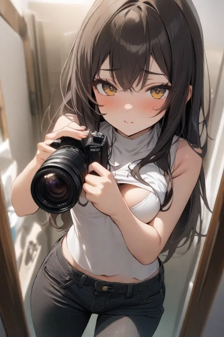 produce text with the camera Young woman of 34 years, moderate length brown hair with long messy bangs, ojos rojos y busto gigantesco, cinta larga con forma de conejito en el cabello, desnuda, showing her ass in doggy position.
