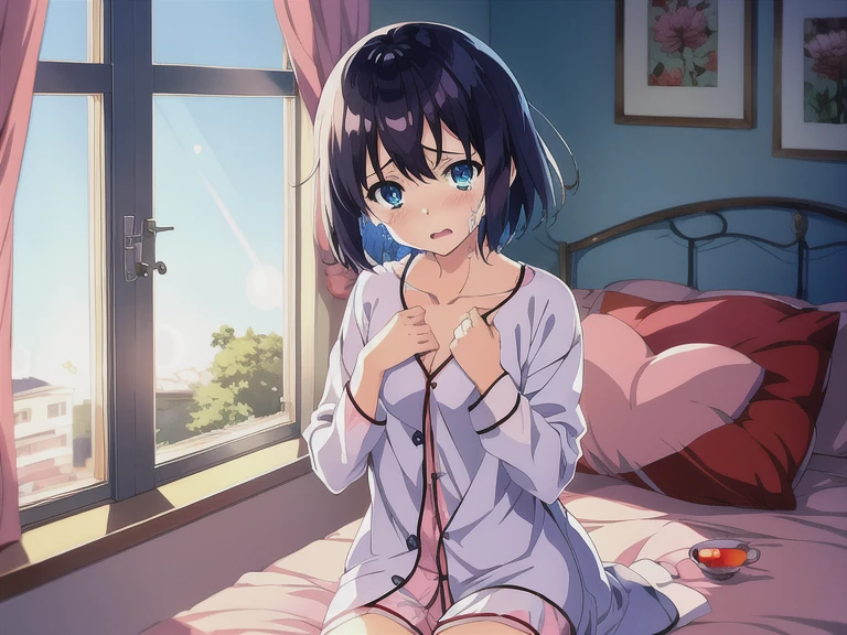 anime girl lay down on a bed, side view, 18 years old, small breasts,show breasts a little bit, cute, short hair, fish eye perspective, wearing colorful pajamas, perfect anatomy, hd, smiling, best anatomy, best quality
