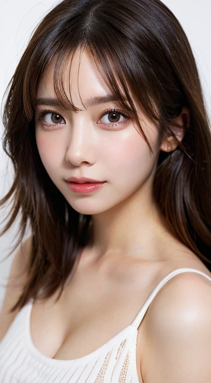 (logo, masterpiece, 8K, Tabletop, RAW Photos, wonderful, 最high quality, Photorealistic and very detailed CG composite 8k wallpaper, high quality, Very detailed, Narrative poem, Particle Effects, Dynamic Effects, Depth of the Boundary, Cinematic Light, Lens flare, Ray Tracing), short hair beautiful young woman, Hair tied back, high detail skin, very fine, fine skin texture, beautiful face, realistic eyes, beautifully detailed eyes, realistic skin, beautiful skin, surreal, smiling eyes, Hair and light eyes, Vibrant, Colorful lights and bokeh. The lighting casts a warm glow on her face and hair, Blue glow, Water surface reflection, Creates a dreamy and magical atmosphere, Big Breasts, Brown Hair, short hair, plump lower lip, pink blush on the cheeks , pink lips, brown tight no-shoulder knit sweater
