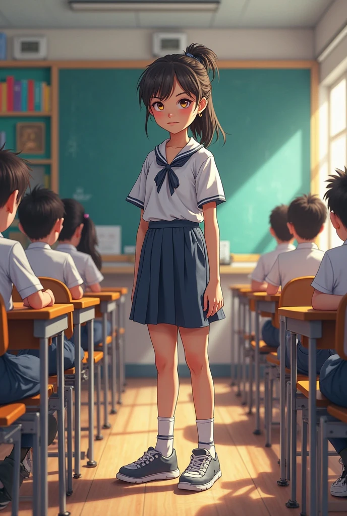 A standing girl in classroom surrounded by 3-4 girls 