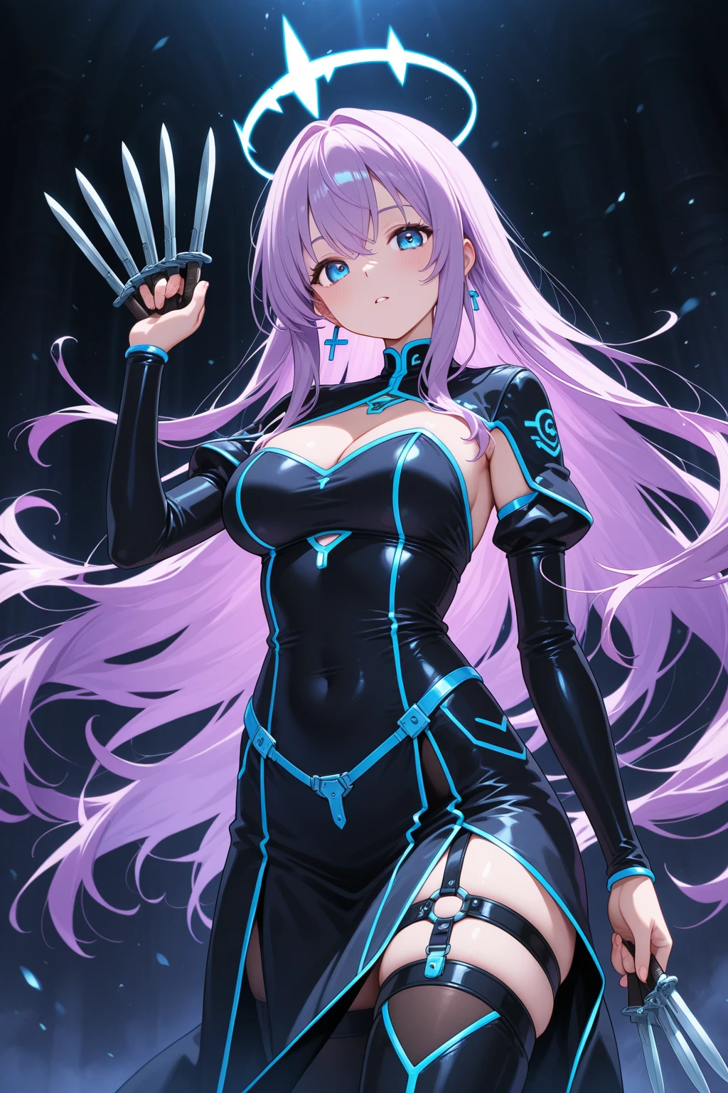 (highdef, best quality, masterpiece) girl, skin tight armor, twintails, purple hair, green eyes, horns, aroused, full body view, full plate armor.
