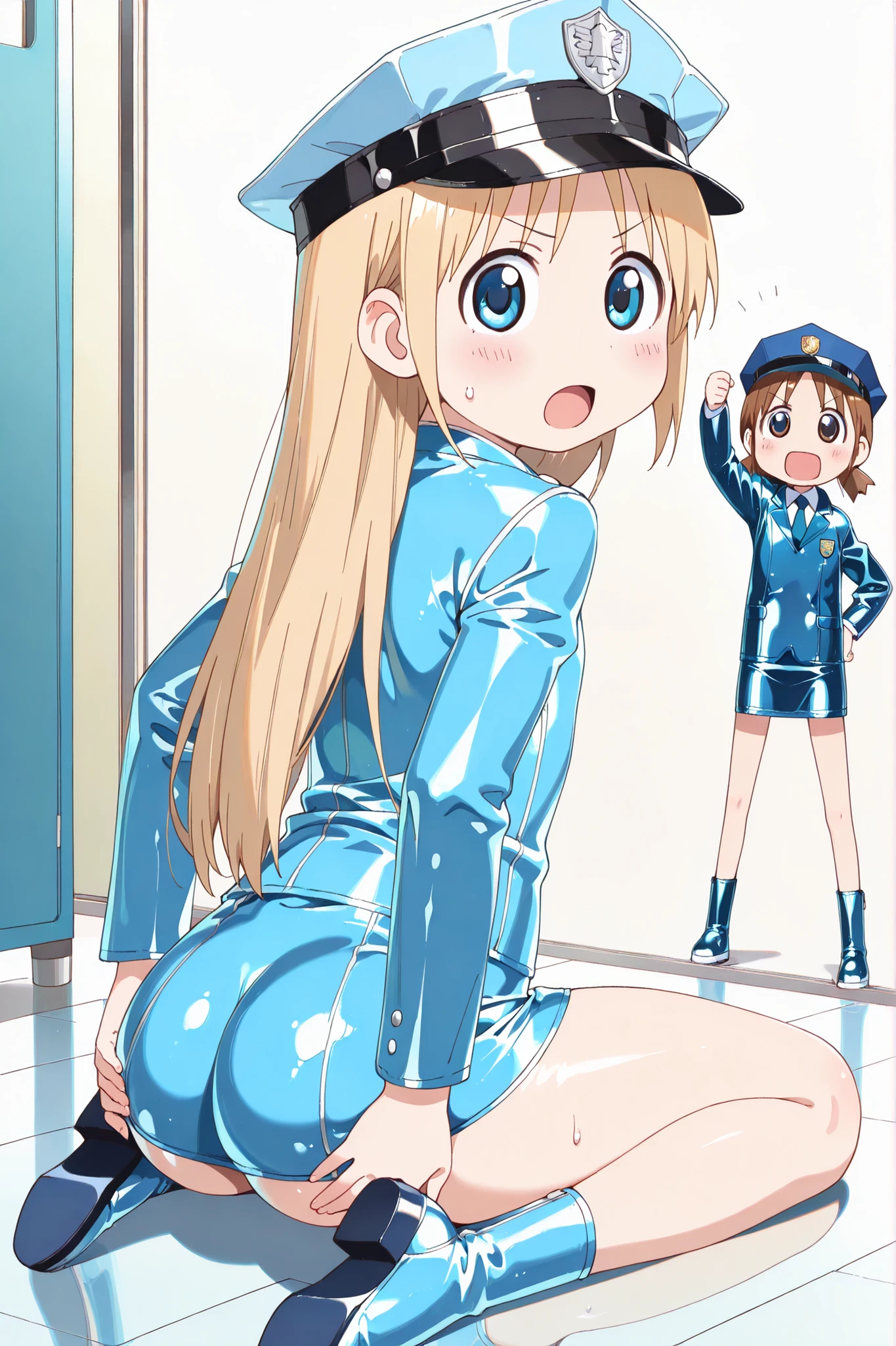 (((anime style))),score_9, score_8_up, score_7_up,masterpiece, best quality,ultra detail,1girl,((solo)),yasuna oribe,koiwai yotsuba,hakase shinonome,toddler, ((long hair)), (blue eyes), ((blonde hair)),(round eyes),((((back shot)))),((school)),((blue Police Uniform)),((police hat)),(((blue leather blazer))),(long sleeve),(((((((shiny leather blue mini skirt))))))),((blue leather boots)),((white shirt)),((Flat Chest)),((dramatic angle)),ass,((Hands on own ass)),
,(((wariza))),(((A glimpse of her thin thighs))),looking back,((looking at viewers)),open mouth,sweat,blush,v-shaped eyebrows,