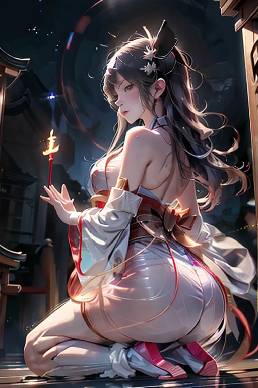 (masterpiece:1.5, Highest quality, Very detailed、 Dutch Angle、Semi-Realistic、Fantasy)(One girl, alone)(White and beautiful hair,,Straight Long Hair)(Wearing Han clothes, Royalty、White and red Hanfu:1.6,Thick fabric,Long sleeve)、((Off the shoulder、Medium Chest、ruby necklace))(From behind:1.4,The buttocks are slightly exposed、Legs wrapped in tights)(Cherry tree、dead tree、Mystical Night、Particles of light float around the woman、Space for fantasy)