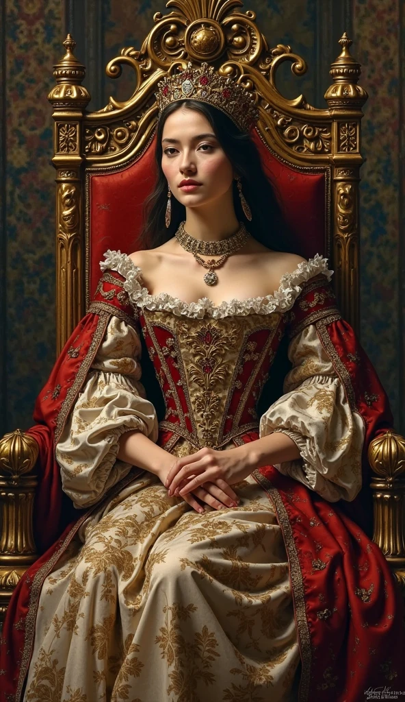 Young and beautiful Queen of Scotland。whole body。Sit on a throne、Wearing the crown、Holding a scepter and a jewel。Scottish flag in the background