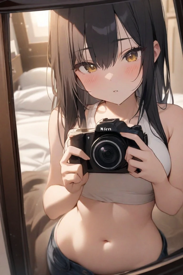 Highest quality,masterpiece,Nipples,Dark hair color,Photo shoot subject,smile,In the process of removing underwear for a nude photoshoot