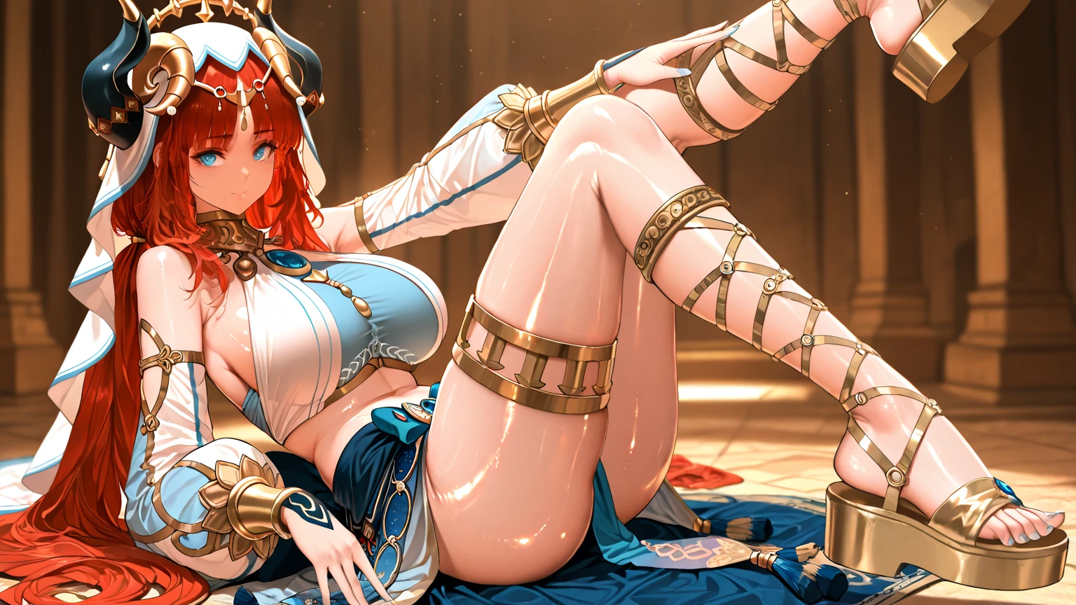 (masterpiece, Highest quality, so beautiful, Absurd), arabian dancer, Long, flowing silver hair, arabian dancer attire, jewelry, abdomen, Big Breasts, (Rest face down, Shake your head, Lift your legs),、whole body、White background only