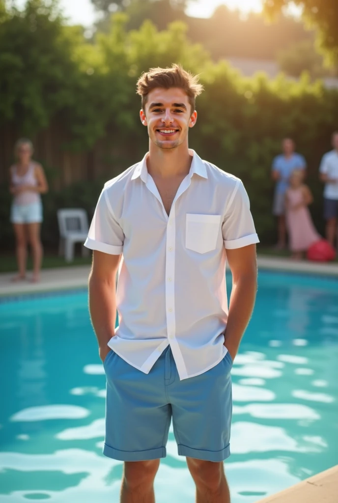 male Age 32 swimwear lifeguard topless smile