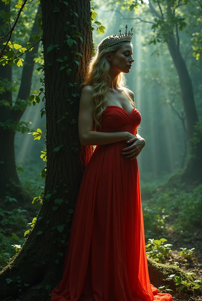 fantasy druid majestic nature druid, with piercing, platin white blond hair, and blue shimmering eyes, with leaves as her makeup and a golden light shining on her, 8k high definition, cinematic, vivid, wearing a red shiny latex dress, walking in woods, close up