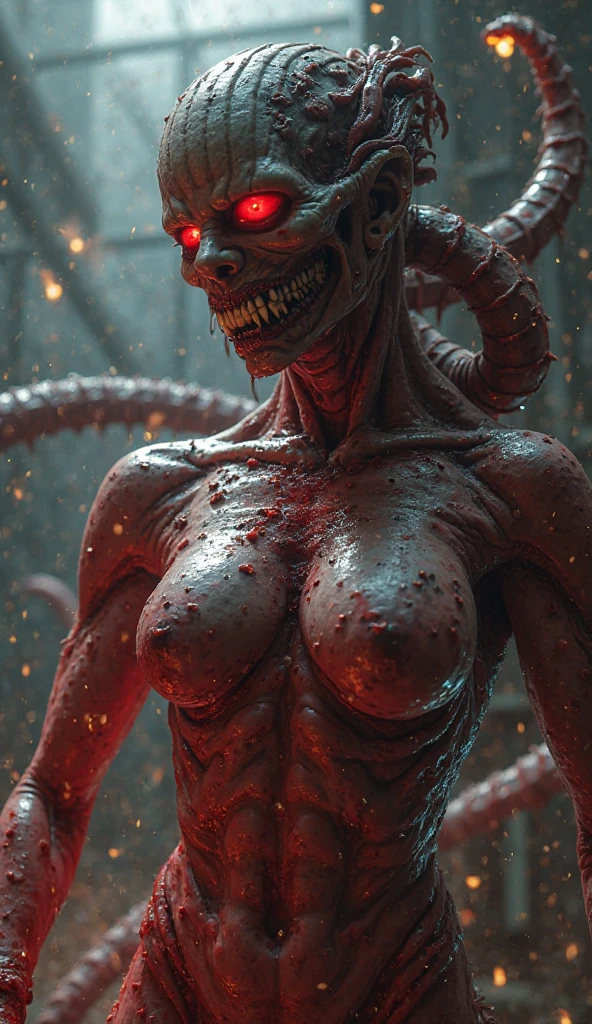 (carnage & witchblade physique:1.5), (1 super muscular undead succubus with flayed skin:1.5), (demoness with large horns:1.5), (covered in necrotic rotting muscle:1.5), (witchblade muscular anatomy:1.5), dark horrific scary atmosphere, hellish landscape,