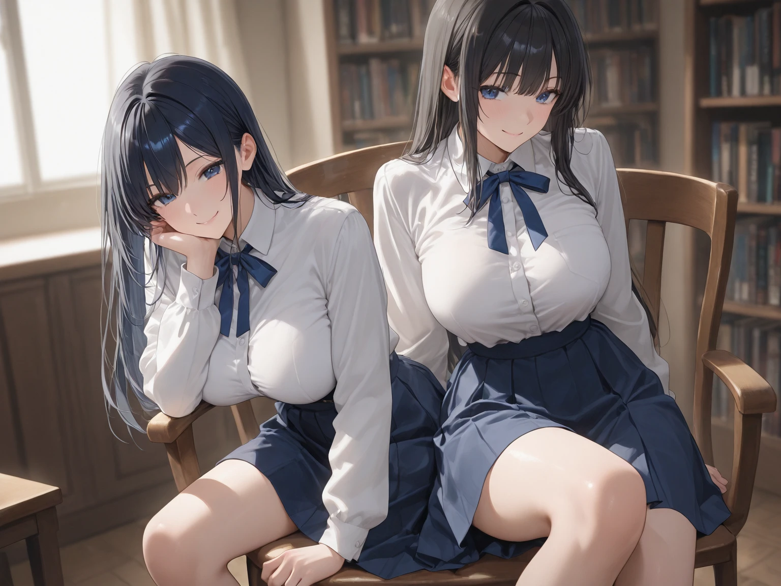 (cute eyes:1.2), (sparkling eyes:1.2), (8K、Best image quality、highest quality、masterpiece)、Detailed face、(2 girls)、Improve、(Black Hair, Purple Eyes, long hair)、(open mouth), (embarrassed), (skinny body:1.3),(medium breasts), ((White collared shirt)), ((Open shirt)), (cleavage), Sit on a chair, Classroom Background, (black stockings:1.1), (Thighs:1.1), (Waistline:1.1),(close-up shot of bust), (from above:1.2)