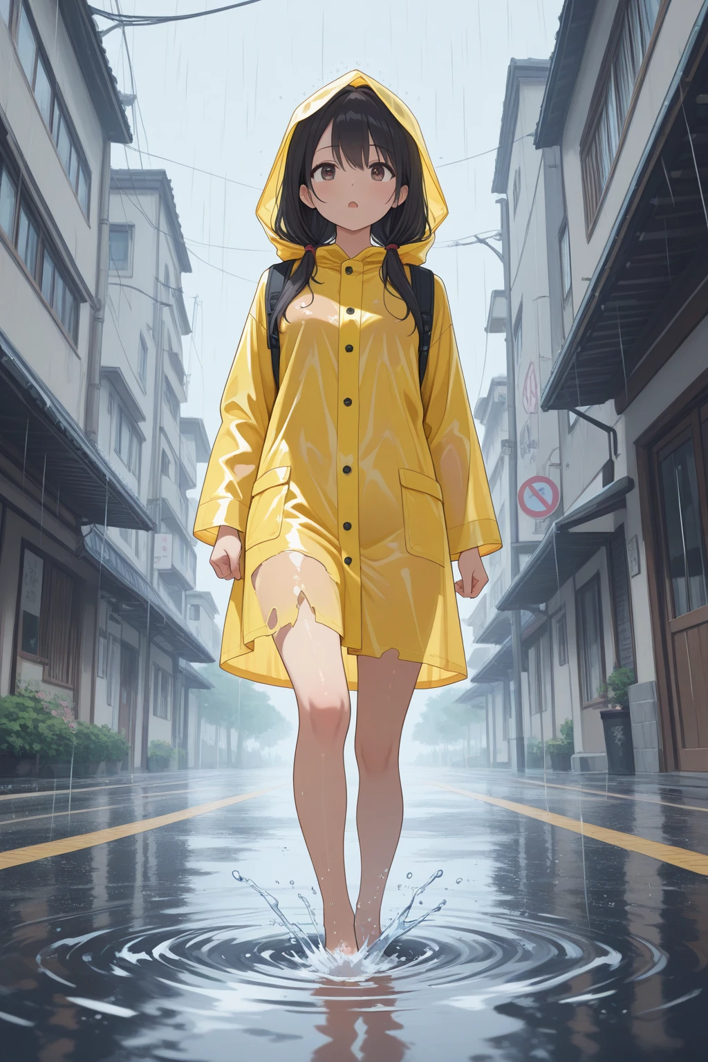 Yellow hood raincoat girl,Back view,Barefoot and barefoot,Accentuates the raincoat gel texture,Accentuates the translucent texture of the raincoat。