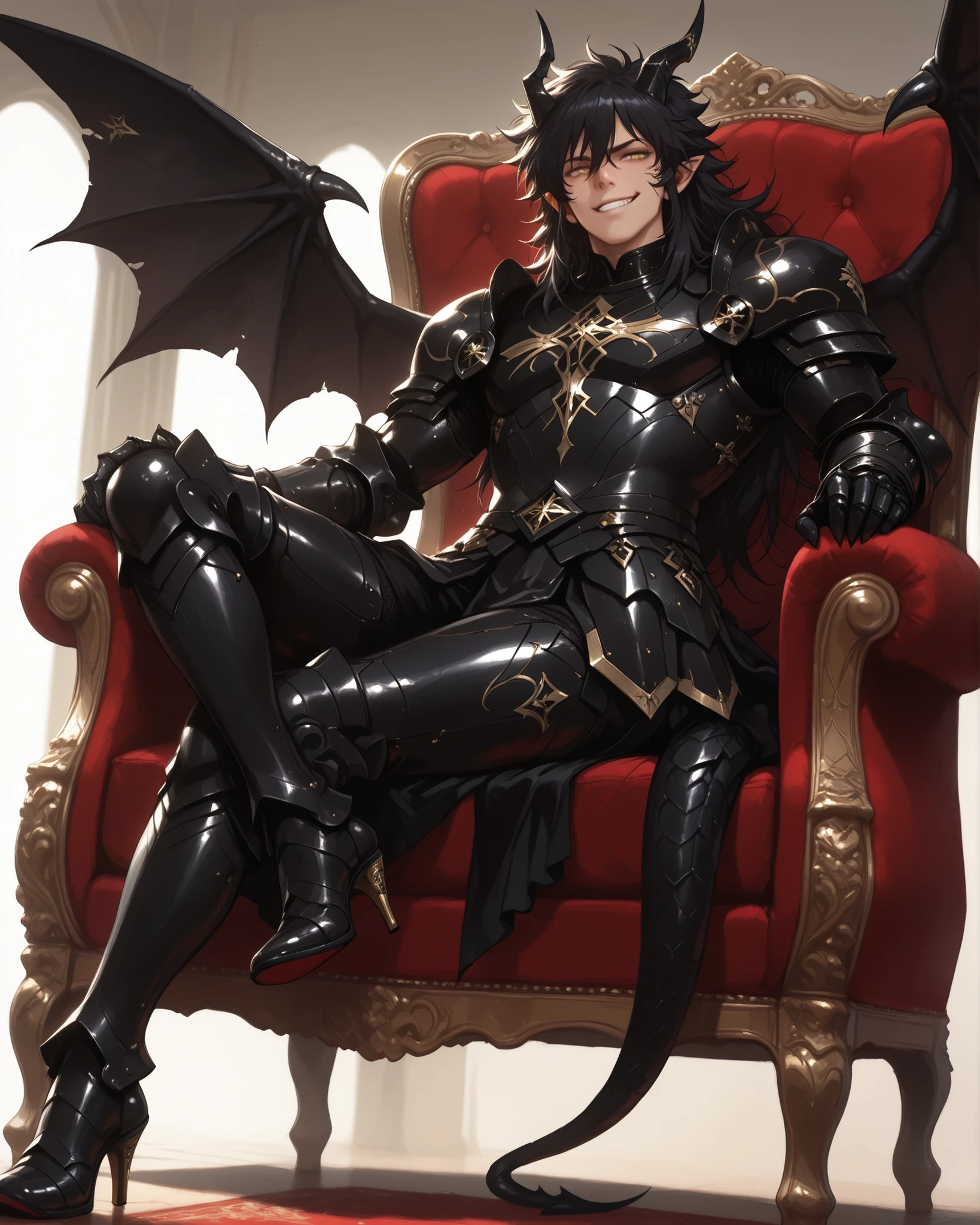 score_9, score_8_up, score_7_up, absurdres, 128K Ultra High Resolution, (masterpiece, best quality: 1. 5), (high definition: 1, 4), highres, 8K wallpaper, (excellent graphics: 1. 5), CG, (((Japanese Anime style))), (Black Saint Seiya), (1 male), solo, lean body, (masculine), floating in the air, weredragon, glossy black, shiny black leather, ((beautiful golden eyes, finely detailed eyes, bright eyes, slit pupils)), hair between eyes, black hair, long hair, sideburns, wild hair, (sly grin, sinister grin, smirk), teeth, confident, (((ultra detailed face))), shiny skin, long pointy ears, twisted torso, long-legged, sculpted face, wasp waist, dragon horn, dragon tail, dragon wings, dragon sharp claws, (black armor with a lot of grandiose decorations: 1. 5), half dragon half human, (sit cross-legged, closed legs, luxury gilded antique red chair: 1. 5), (dramatic angle, dynamic pose: 1. 5), (ultra detailed black armor, well-polished black armor: 1. 5), (gold-adorned armor: 1. 5), all black outfit, full body, emphasize face, sharp focus, good-looking man, (best illustration, highly detailed artwork: 1. 5), cinematic, (dramatic lighting), (intricate detail, extreme detailed, super detailed: 1. 5), (stark contrast, heavy shadows: 1. 3), detailed black decorations, beautiful & aesthetic, photoreal, (from side), (mysteriously crafted black metal armor: 1. 5), thick & luxuriant hair, (ultra detailed fantasy black armor, wonderful black armor: 1. 5), (realistic metal texture), broad shoulder, true-to-life visuals, artistically refined, (extremely delicate & beautiful armor, elaborate armor details: 1. 5), (giant black armor, dark armor, stylized armor: 1, 5), (((armor-type high heels))), (extremely detailed armor with intricate engravings, intricate armor with gold ornaments: 1. 5), (very gorgeous and dazzling), (dark fantasy black knight: 1. 5), slim waistlines, wide chested, sinewy body, (Hyper Detailed & Perfectly Designed Black Armor: 1. 5), (simple white background), windy
