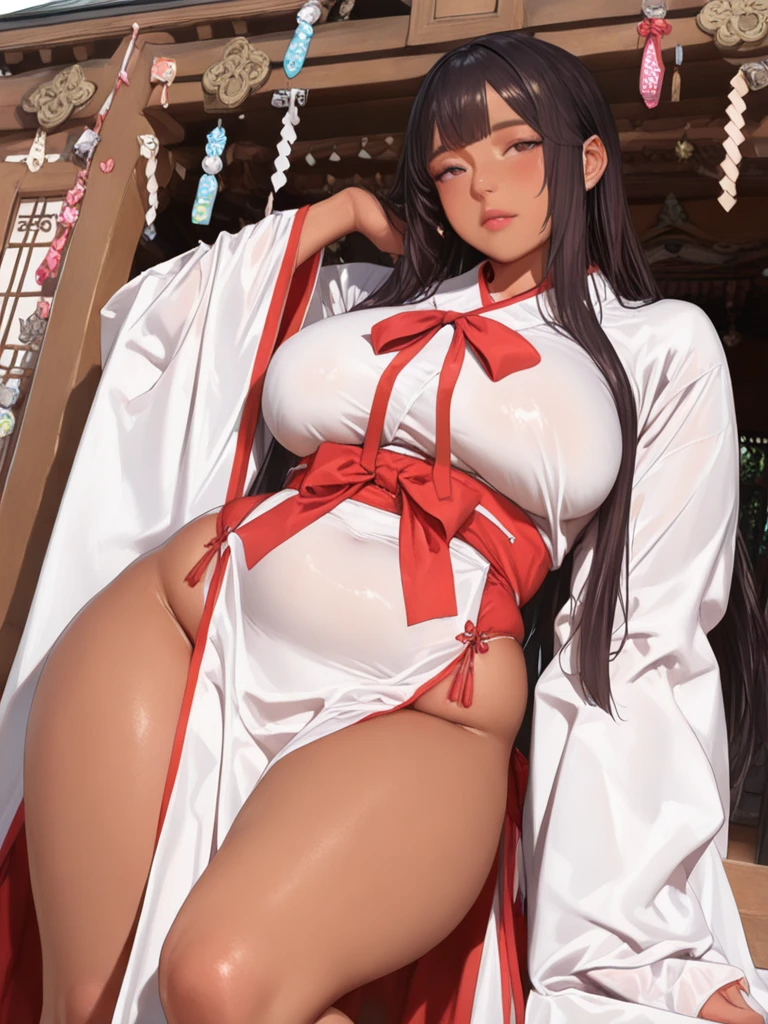 masterpiece, best quality, kagero, hair over one eye, hair ribbon no clothes on, NSFW, naked, exposed breasts and pussy, legs open, beautiful feet,neutral expression, paper doors, japanese architecture