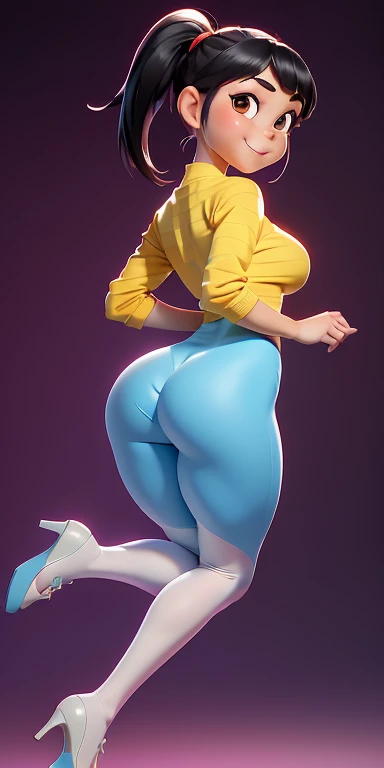 extreme low angle shot, Intricate, high Detail, full body, 1 girl, solo, hyper feminine and girly posture, slender, skyblue hair, long hair, bangs, full lips, detailed face, large ass, (tight bermuda shorts), tucked in mesh shirt, chrome top, bottomheavy, yellow body, colored body