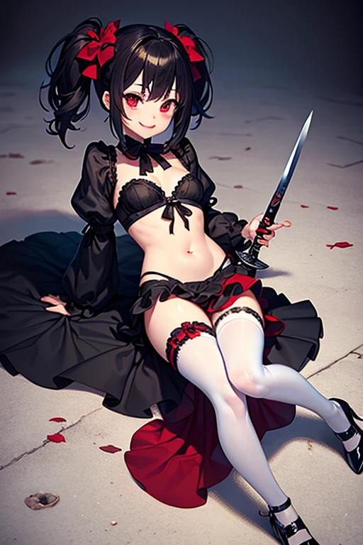((full body)), ((full pose)), kurumitokisaki, tokisaki kurumi, clock eyes, black hair, twintails, (red eyes:1.3), (yellow eyes:1.3), heterochromia, (medium breasts:1.3), ((high mary janes:1.4)), ((seductive smile:1.5)), ((black stockings)), ribbon, ((black skirt:1.4)), ((black lace bra:1.4)), ((black lace panties:1.4)), BREAK looking at viewer, BREAK (masterpiece:1.2), best quality, high resolution, unity 8k wallpaper, (illustration:0.8), (beautiful detailed eyes:1.6), extremely detailed face, perfect lighting, extremely detailed CG, (perfect hands, perfect anatomy), ((short-cut:1.4)), ((from down:1.4)), ((kneeling:1.4)), ((lift skirt:1.4)), ((Sky from below:1.5)), ((forest background:1.4)), ((night:1.5)),