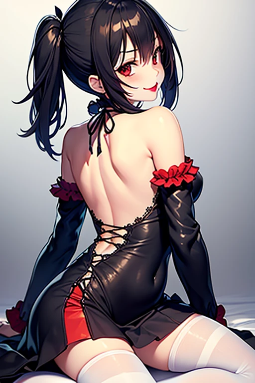 1girl, solo, shuten douji,mizukioutfit, shiny clothes, highleg leotard, black leotard, elbow gloves, fingerless gloves, frills, fishnets, red showgirl skirt, pink ribbon, fur trim, skin tight, impossible leotard, black thighhighs, thighhighs, bare shoulders, covered nave,smirk,grin, outdoors, night, village, stairs, contrapposto,cowboy shot,red theme,high contrast
