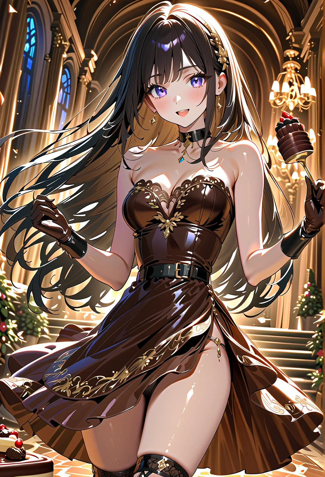 Black hair, straight, long hair use plenty of glitter effects A cute woman enters a chocolate mansion wearing a chocolate dress strapless chocolate knee socks chocolate gloves chocolate headband chocolate choker chocolate belt shiny skin decorated background Chocolate Cake luxury gorgeous The chocolate is shining