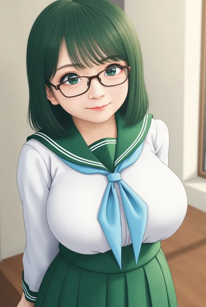 close up photo of 25 years old ketrina in a classroom, swooping breasts, smile, deep cleavage, look at camera, scout uniform, nerd glasses, banded pigtails, 4K, HD