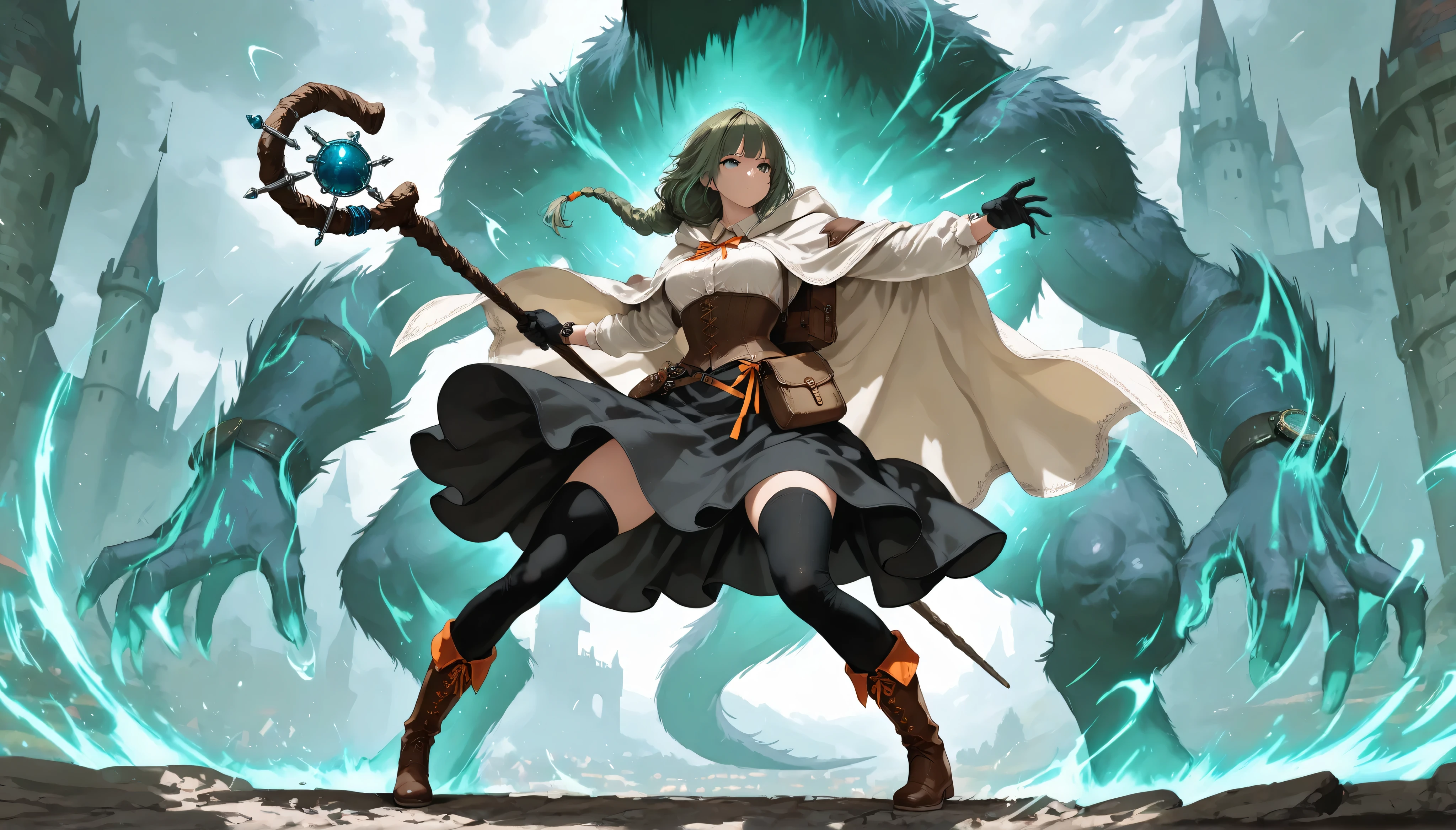 Masterpiece, 8k, fantasy world, female character, 1girl, high detailed cotton black dress shirt, (wind blows), silk long skirt, corset, glove, black thighhigh, boots, slender body, medium breasts, white long cloak with hoodie, one side braided long hairstyle, thin dark green hair, orange ribbon, many items, cinematic lighting, dramatic atmosphere, intricate details, vivid colors, fantasy landscape, medieval castle town, digital art, holding a long magic staff, watch on waist, back pack, hip bag, (magic attack:1.3), pigeon toed, looking at big monster, midday, (She dances with her staff, blitz down big monster one after another:1.3), battle scene, (dynamic action pose:1.2), spread legs,