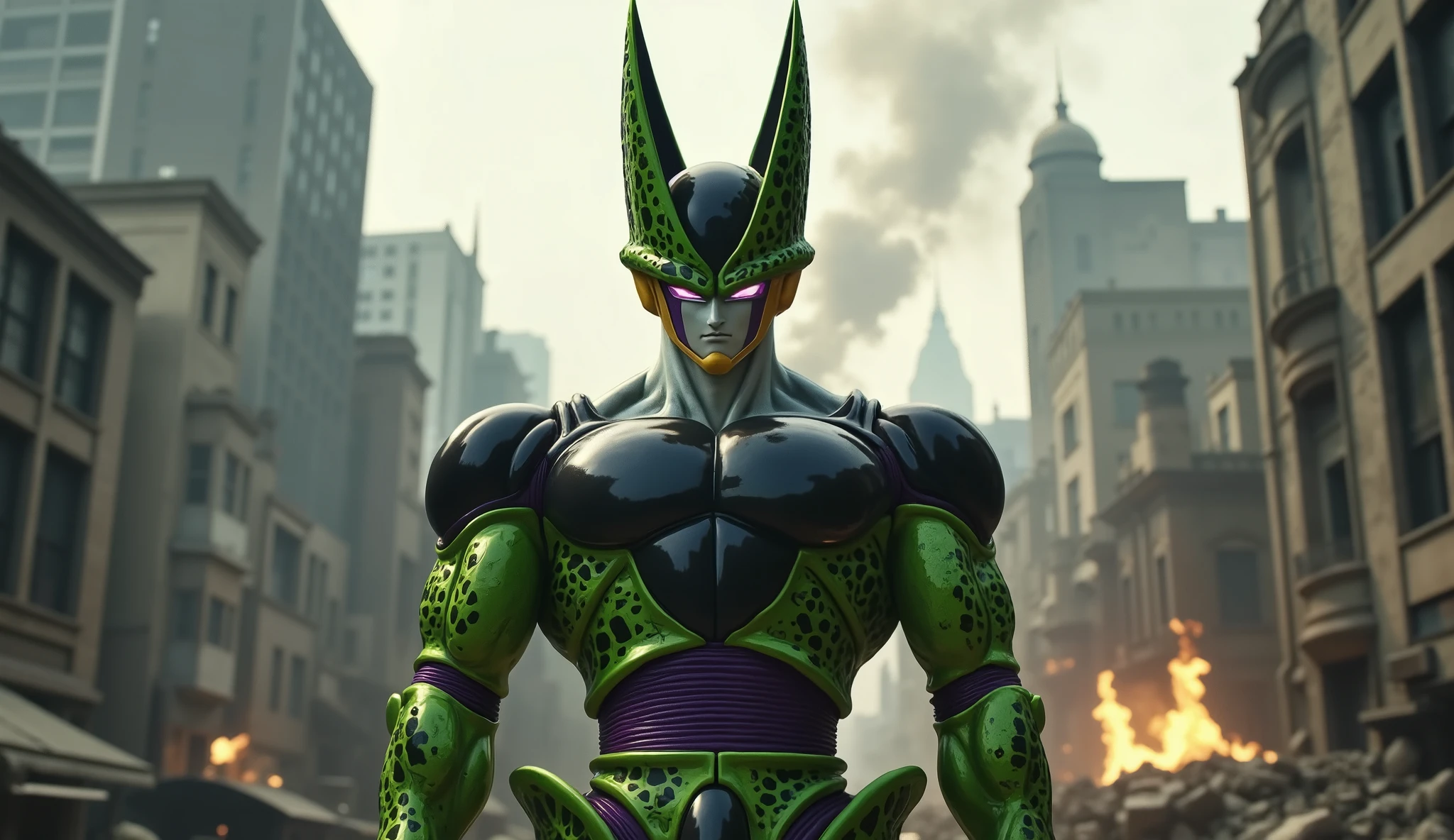 ultra realistic cinematic portrait of a humanoid bio-engineered alien warrior inspired by Cell perfect form from Dragon Ball, green exoskeleton with black spotted patterns, sleek armor-like torso with purple core, sharp angular facial features with a crown-like crest on head, glowing pink eyes, muscular and imposing build, standing in a ruined cityscape with smoke and fire in the background, dramatic lighting with shadows and glowing embers, live-action realism with gritty detail
