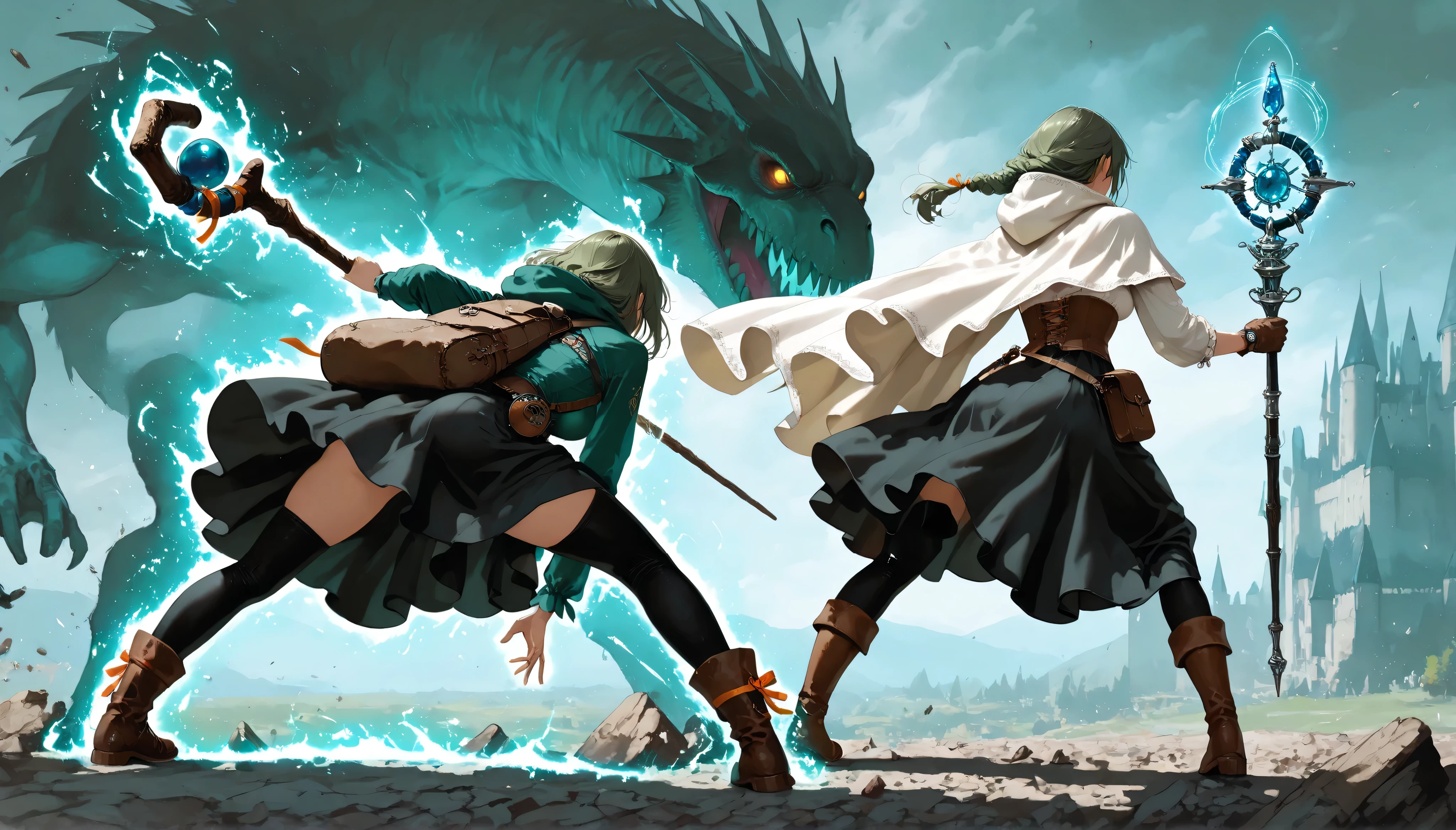 Masterpiece, 8k, fantasy world, female character, 1girl, high detailed cotton black dress shirt, (wind blows), silk long skirt, corset, glove, black thighhigh, boots, slender body, medium breasts, white long cloak with hoodie, one side braided long hairstyle, thin dark green hair, orange ribbon, many items, cinematic lighting, dramatic atmosphere, intricate details, vivid colors, fantasy landscape, medieval castle town, digital art, holding a long magic staff, watch on waist, back pack, hip bag, (magic attack:1.3), pigeon toed, looking at big monster, midday, (She dances with her staff, blitz down big monster one after another:1.3), battle scene, (dynamic action pose:1.2), spread legs, from behind, 