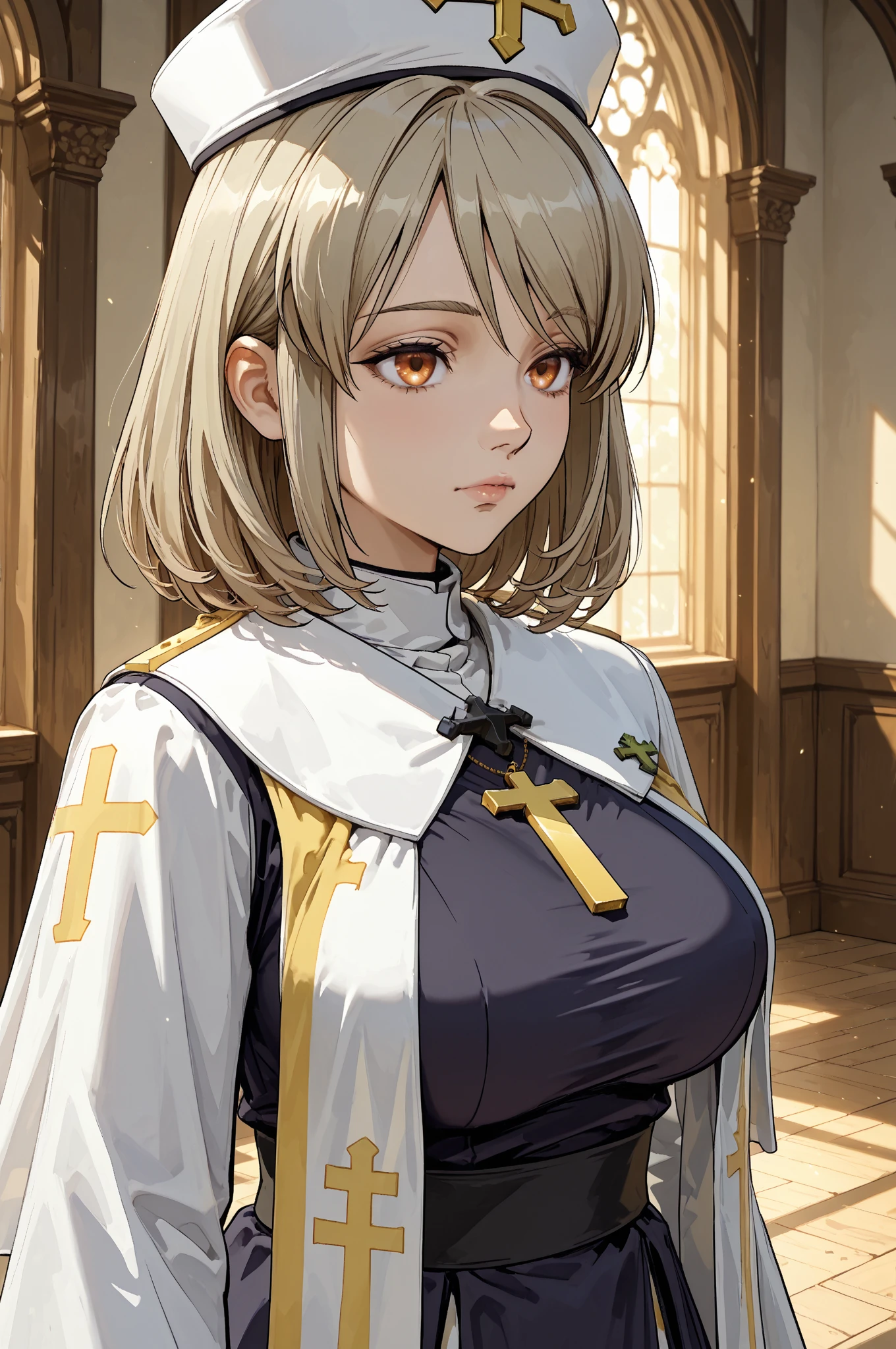 Mature woman, mature face, gentle face, glossy lips, golden eye color, golden eyes, gentle eyes, (braid hairstyle, bob hair, white hair, yellow gradient hair color, glossy hair), slender body, medium breast, thick thighs, saintess clothes, white clothes, white panties, (nipple through clothing), church, praying pose, kneeling, view from above, side view