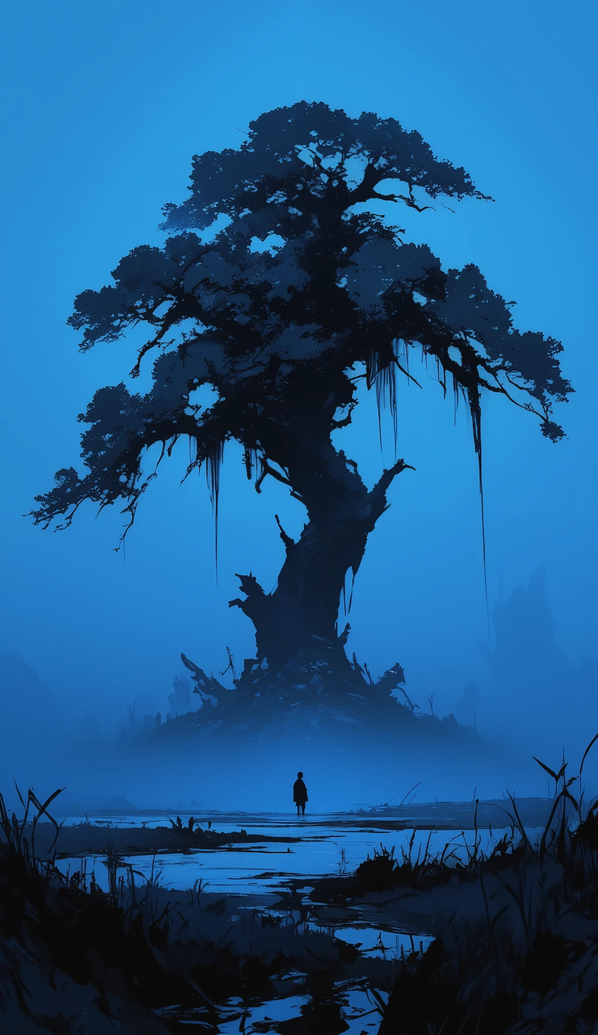 The image depicts a solitary figure standing in a vast, open field under a deep blue sky. The figure is small and appears to be gazing at the horizon. In the foreground, there are some tall grasses or reeds, and the overall scene is shrouded in a misty or foggy atmosphere, giving it a mysterious and somewhat eerie feel. The central focus is a large, solitary tree with drooping branches, which stands prominently against the sky. The image is predominantly in shades of blue, creating a somber and tranquil mood.