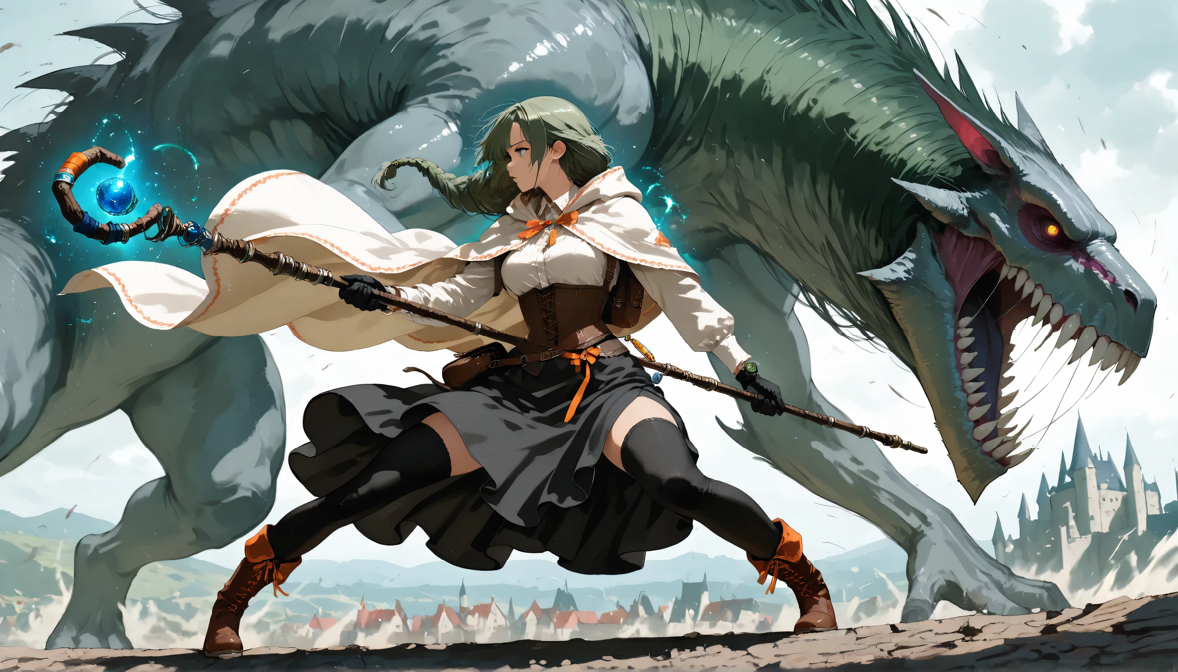 Masterpiece, 8k, fantasy world, female character, 1girl, high detailed cotton black dress shirt, (wind blows), silk long skirt, corset, glove, black thighhigh, boots, slender body, medium breasts, white long cloak with hoodie, one side braided long hairstyle, thin dark green hair, orange ribbon, many items, cinematic lighting, dramatic atmosphere, intricate details, vivid colors, fantasy landscape, medieval castle town, digital art, holding a long magic staff, watch on waist, back pack, hip bag, (magic attack:1.3), pigeon toed, looking at big monster, midday, (She dances with her staff, blitz down big monster one after another:1.3), battle scene, (dynamic action pose:1.2), spread legs, from side,