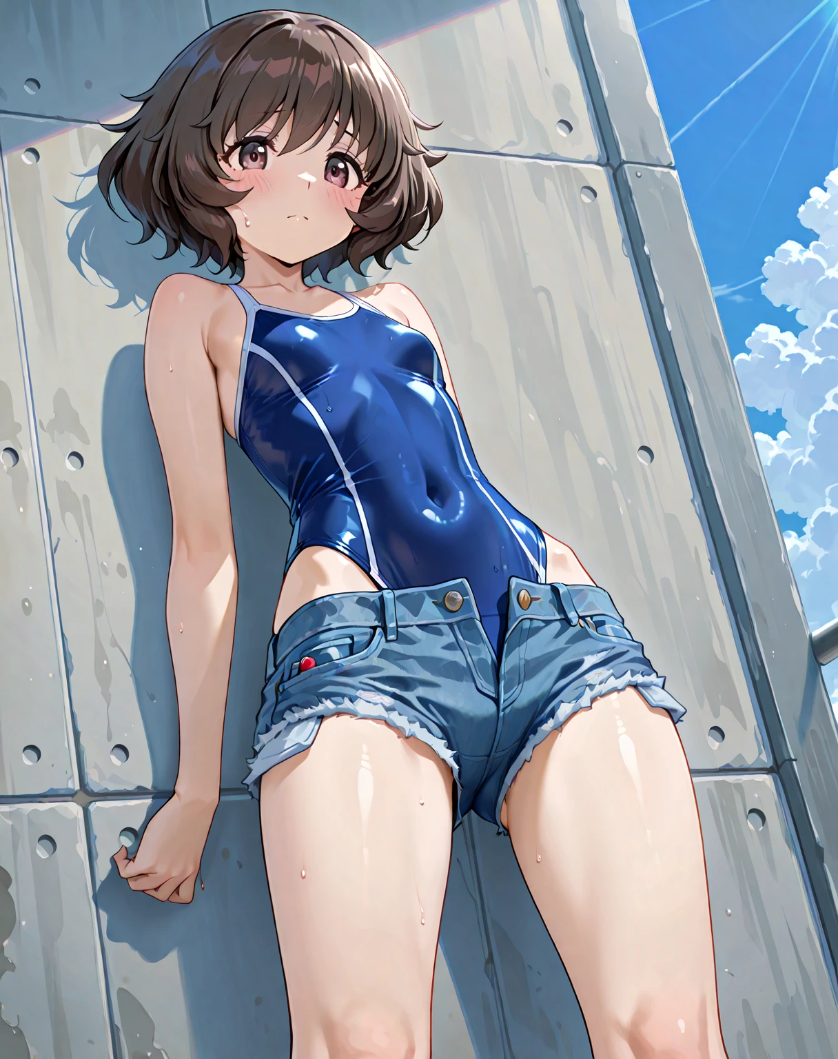 (Superflat, Flat Shading, Flat Color:1.1)、(Magazine Cover)、An illustration、(Asian boyish girl)、(cute:1.2)、Very beautiful 14 year old manga girl、Great smile、Blushing cheeks、(Skin with attention to detail: 1.2)、Photorealistic anime girl rendering、Realistic Anime 3D Style、cuteボブカット、Beautiful brown hair、Intense black eyes、Strong eye highlights、(Detailed、Mid-chest)、Perfect Anatomy、My hair is messy、Old-fashioned school swimsuit、((A torn and tattered school swimsuit))、White school swimsuit、((Wet))、From below、((from the front))、Showing off her school swimsuit、Small school swimsuit、Angle from the feet、From belowのアングル、((From below見上げるアングル、Showing crotch))、Volumetric lighting、Soft Light、bright、neon、Vibrant colors、Watercolor、