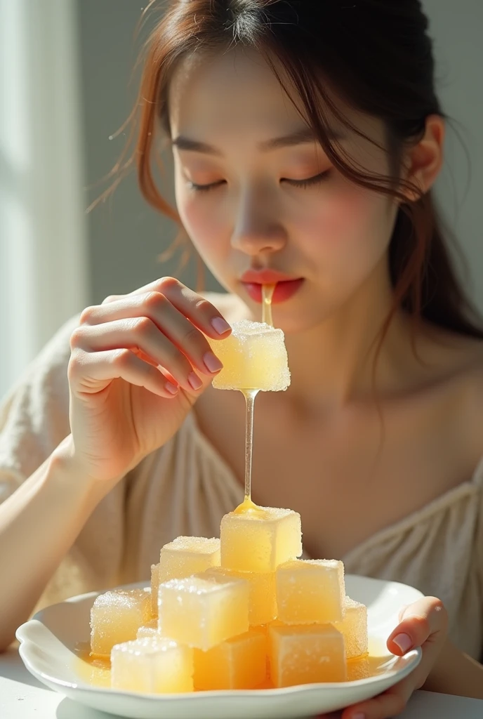 Photo of a Beautiful Korean kpop idol Woman waring a  tank top, Summer, , film grain, Ilford HP5, 80mm, super , she holding a glass of milk,