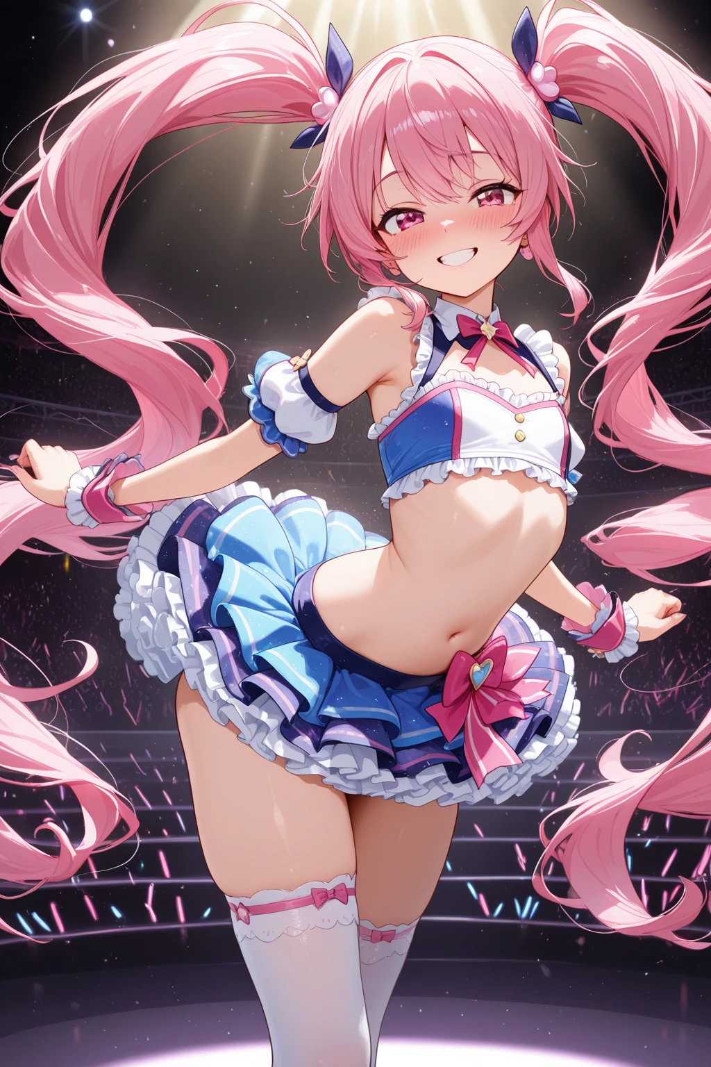 (hiquality)、(16 K)、(masuter piece)、(((very large udder))),((thick thight)),blush,Long hair、((Sweat)),Full body、((Open_Mouth))、Surprised、(((((frills skirt)))))、(((((cheerleaders))))):o、Armpits、(((Raising legs)))、blue-sky