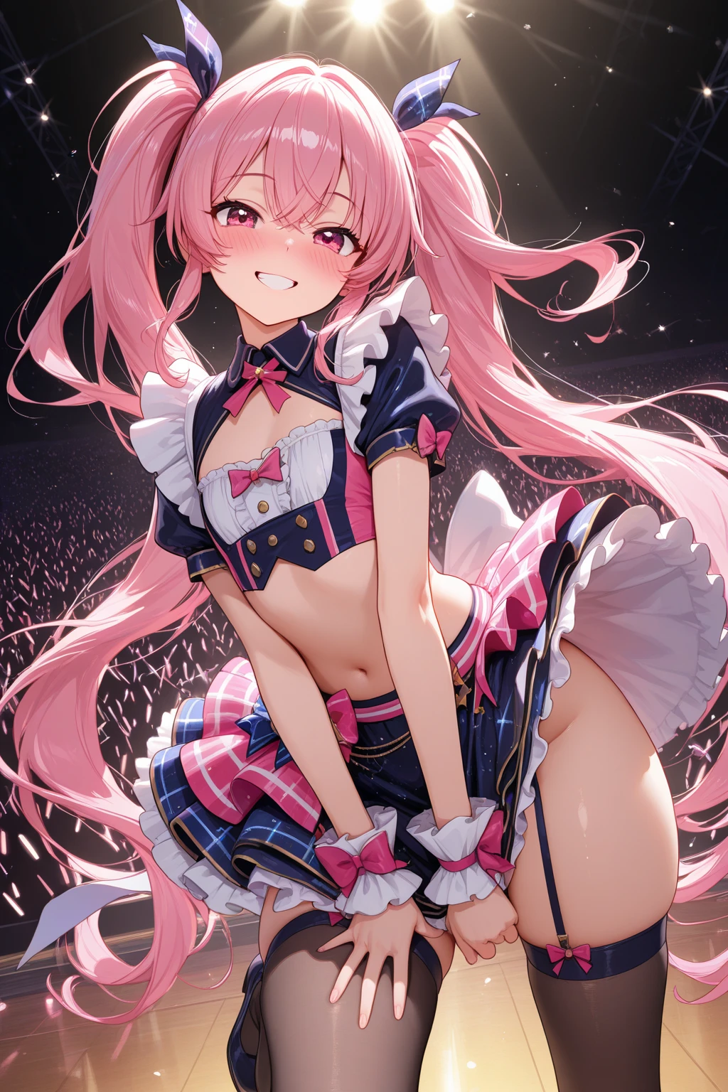 (best quality,highres,ultra-detailed), magical girl defeated, short twin-tailed pink hair, kindergarten girl, sweat-drenched, panty flash in white panties, awkward pose, illustrations, vibrant colors, soft lighting