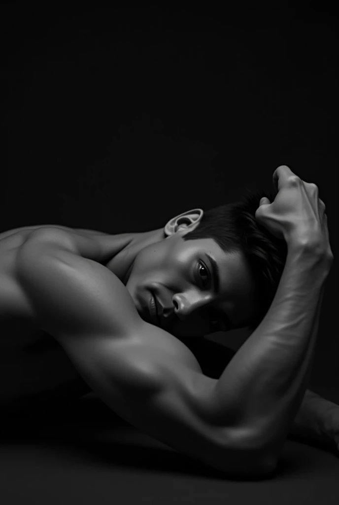 a 20 years old male, wearing black underwear, big bulge, black sheer socks, lying down 
