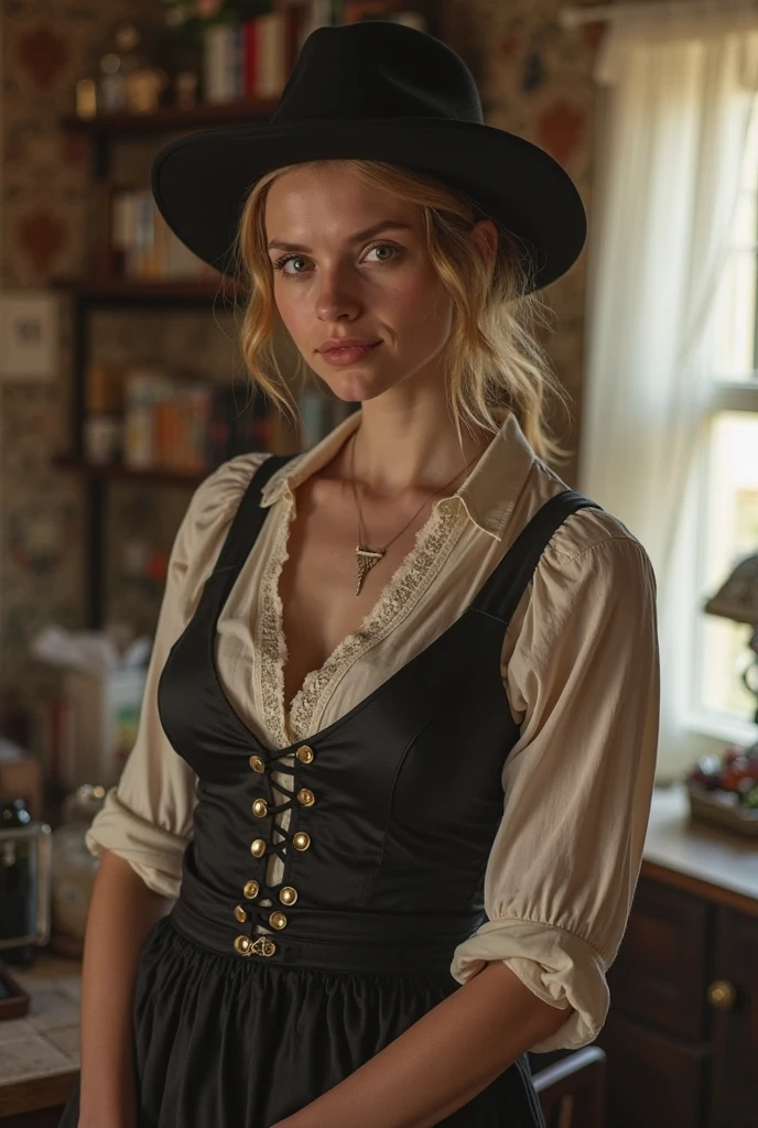 Short Haired Female Cowboy in a Saloon in the Old West,Blonde,Sitting,Smoking Pipe,Table Wisky,Piano,6 Bullet Revolver,Barrel,Table,Playing Cards,Dust,Artwork,3D,4K,Detailed,Realistic, liz.ashley